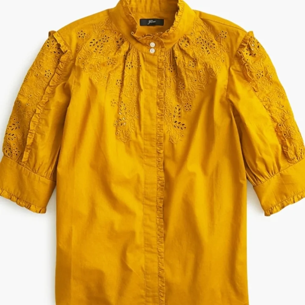 J. Crew Women's Embroidered Blouse XS Mustard Yellow Mockneck (0034)